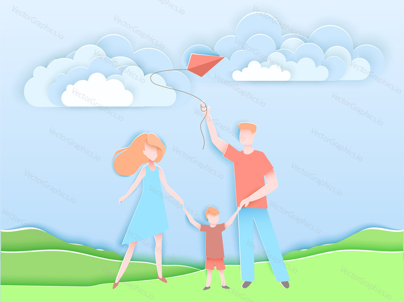 Happy family walking in a park with kid. Vector illustration in paper art origami style. Happy mother and father day poster. Paper cut craft design