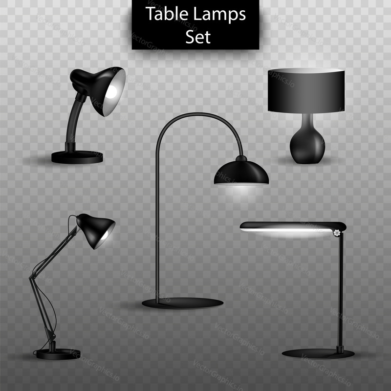 Vector set of 3d isolated table lamps on transparent background. Elements of home interior design