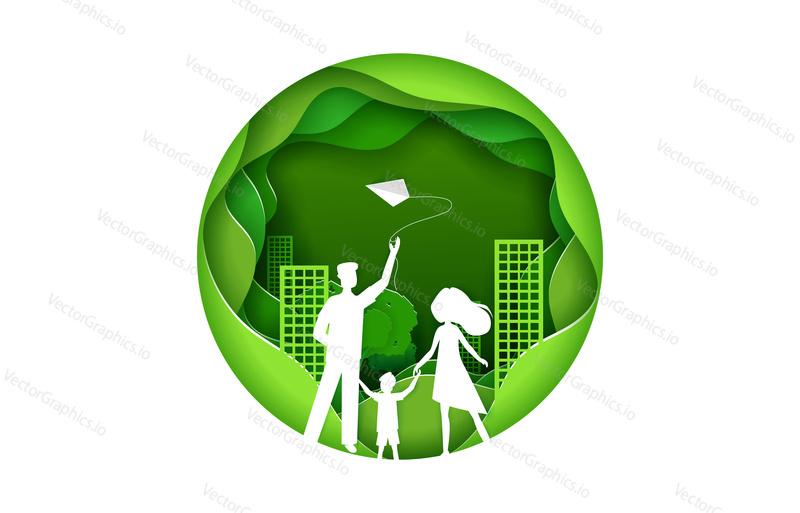 Happy family with kid green city concept. Vector illustration in paper art origami style. Paper cut craft design. Ecology poster.