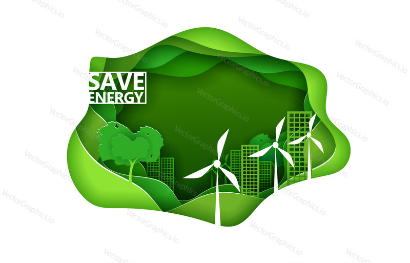 Eco city concept poster in paper art origami style. Vector illustration paper cut design. Green town with wind power turbines. Save energy concept