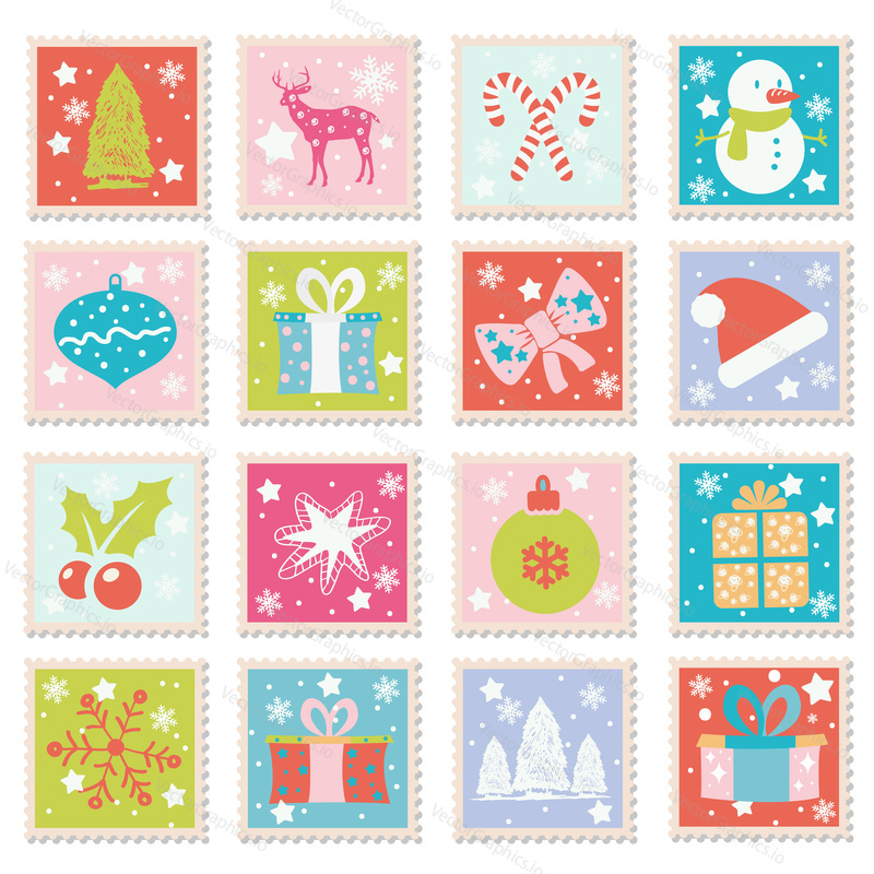 Vector collection of Merry Christmas and Happy New 2017 Year design elements with holiday symbols. Set of greeting cards, stamps.