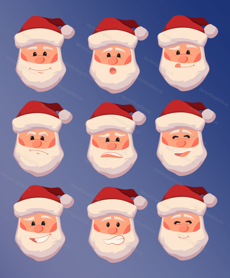 Vector set of Santa Claus with different facial expressions. Smiling, surprised, agitated, terrified, cheery, contented, with sticking out tongue. Merry Christmas and Happy New Year, 2017
