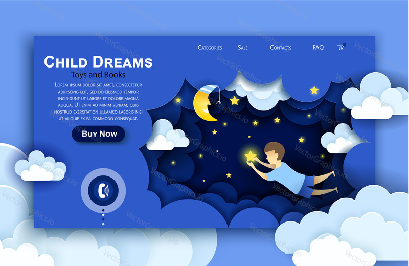 Vector web site paper art design template. Child touching the stars in the sky. Kids dream. Landing page illustration concepts for website and mobile development