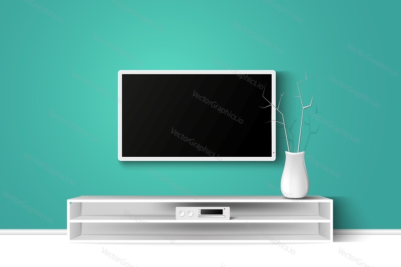 Vector 3d illustration of LED TV stand on a wooden table. House living room modern interior design. Copy space template
