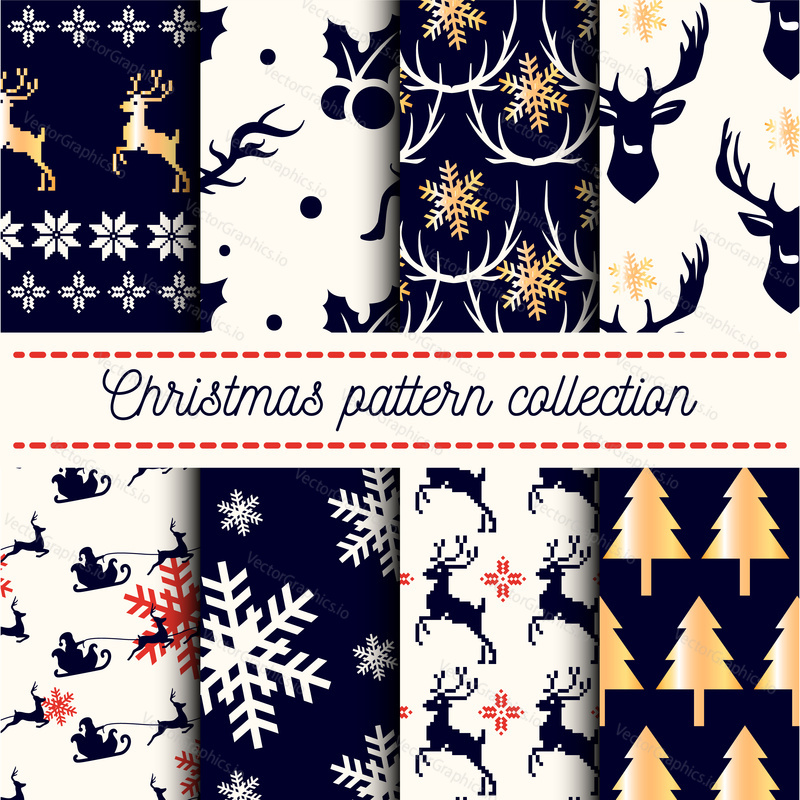 Vector collection of 8 seamless Merry Christmas and Happy New Years patterns with dark blue and white backgrounds, traditional holiday symbols - Santa Claus, reindeer, ornament, fir-tree, snowflakes.