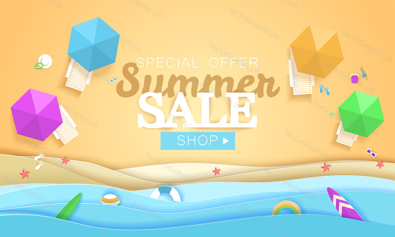 Summer sale concept vector banner. Tropical beach in paper art style. Top view paper cut illustration. Summer holiday vacation poster template. Craft origami.