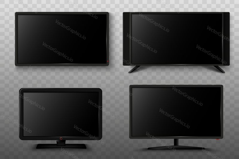 Modern smart TV set 3d vector illustration. Isolated realistic icons on transparent background. LCD Plasma screen. Copy space template