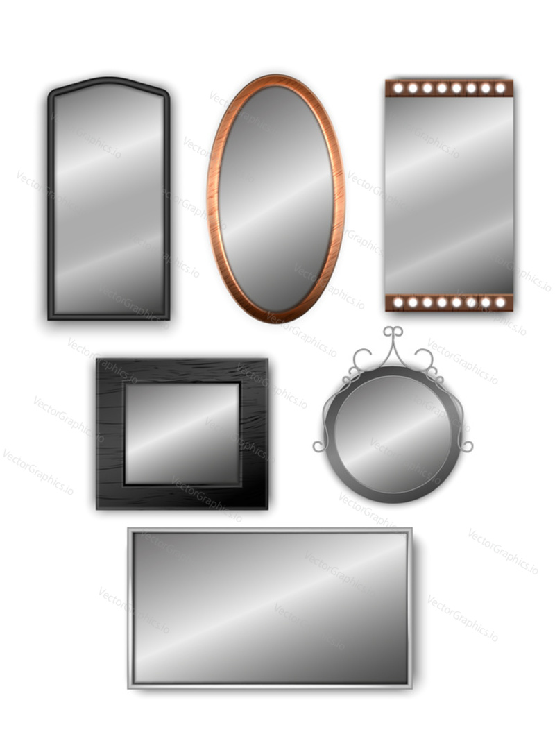 Vector set of realistic 3d mirrors isolated on white background. Interior furniture. Wall mounted mirrors