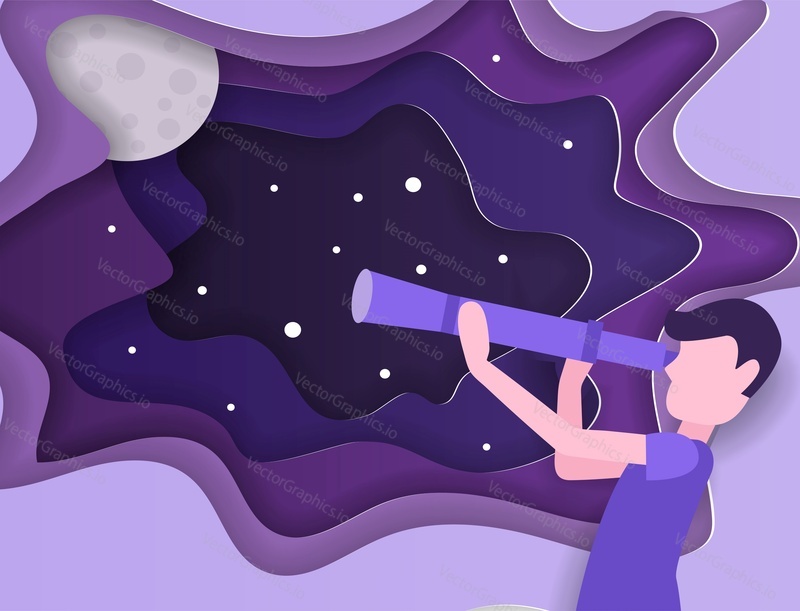 Kid is looking the stars with telescope. Universe discovery vector concept in paper art style. Origami paper cut design