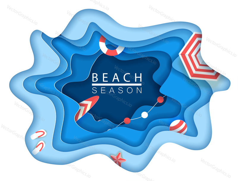 Tropical beach in paper art style. Vector top view paper cut illustration. Summer holiday concept poster template. Craft origami