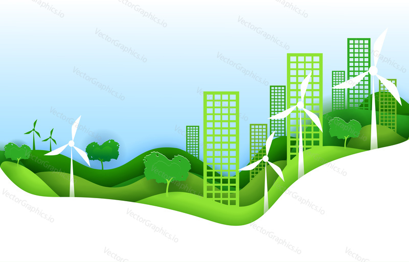 Eco city concept poster in paper art origami style. Vector illustration paper cut design. Green town with wind power turbines