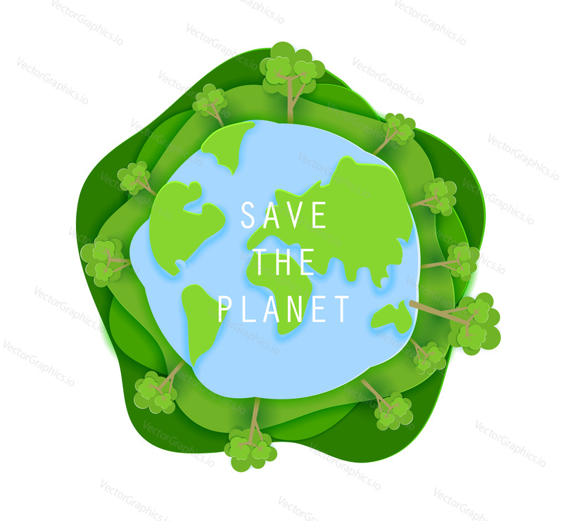 Save the planet concept poster in paper art origami style. Vector illustration paper cut design. Green earth round sign.