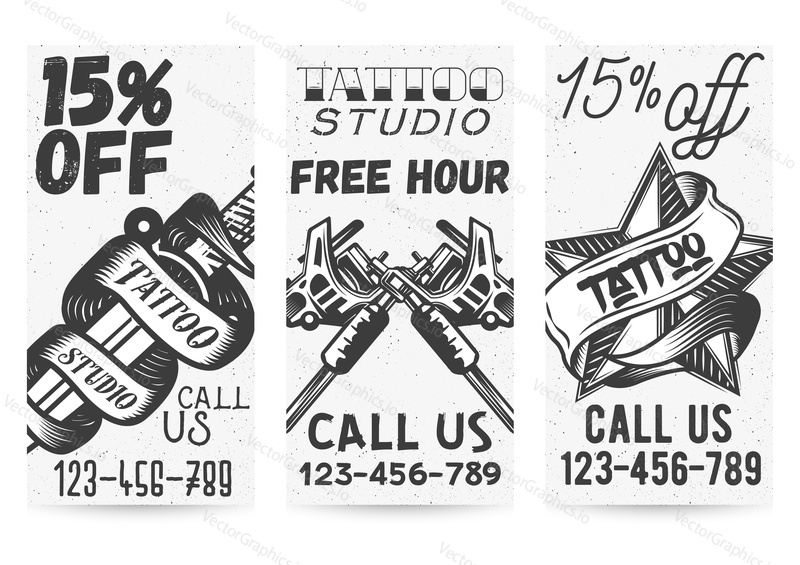 Vector set of black and white templates for tattoo studios offers and promotions in vintage style. 15 percent off, free hour coupons, typographic elements for tattoo salon.