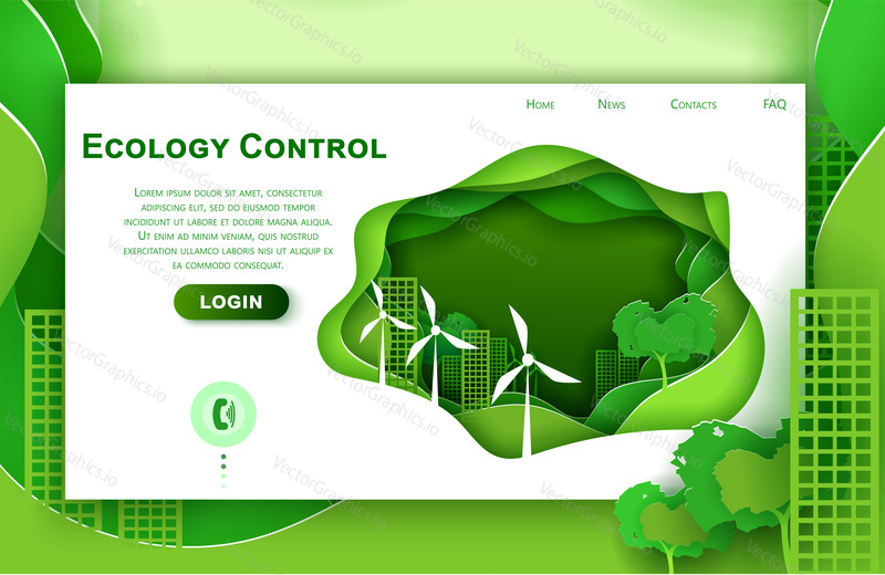 Vector web site paper art design template for eco city concept. Green town with wind power turbines. Landing page illustration for website and mobile development.
