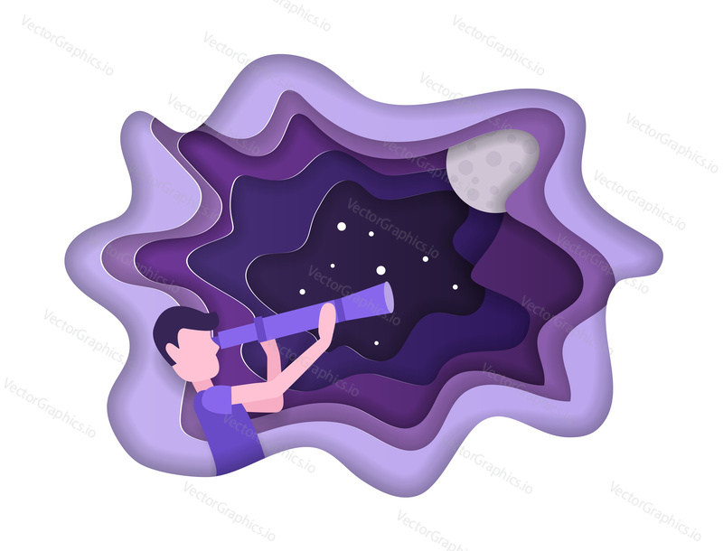 Kid is looking the stars with telescope. Universe discovery vector concept in paper art style. Origami paper cut design