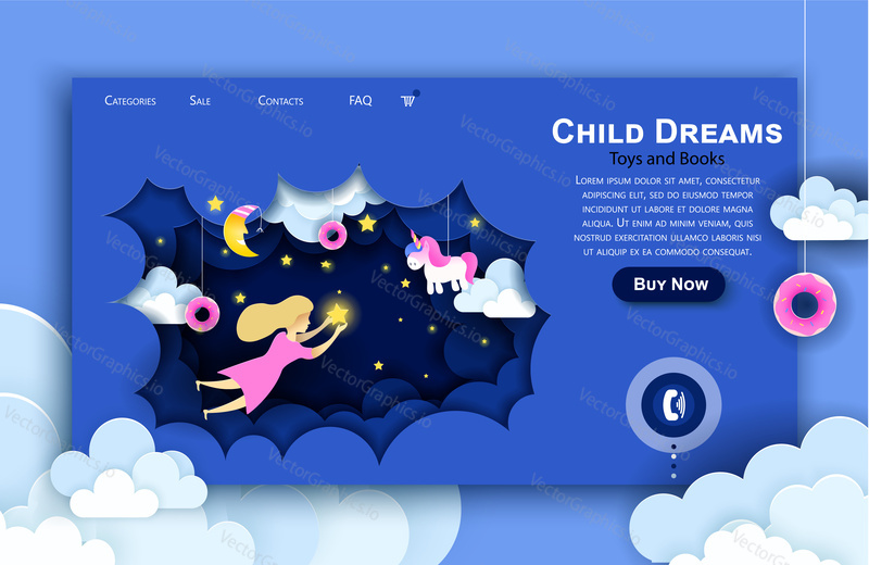 Vector web site paper art design template. Child touching the stars in the sky. Kids dream. Landing page illustration concepts for website and mobile development. Paper cut origami style