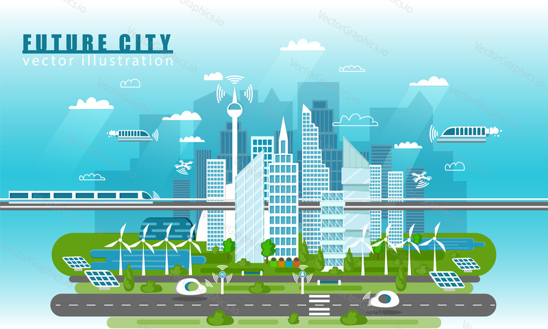 Smart city landscape of the future vector concept illustration in flat style. City urban skyline with modern technologies and self-driving cars. Future infrastructure and transportation