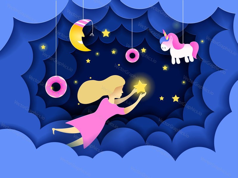 Child touching the stars in the sky. Kids dream vector illustration in paper art origami style. Paper cut design concept. Fairy tale wallpaper in baby room.