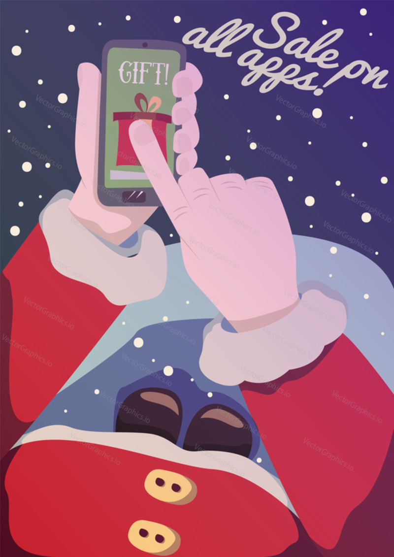 Vector poster with Sale on all apps lettering. Santa Claus showing gift on the mobile phone with his index finger. Christmas sale concept illustration.
