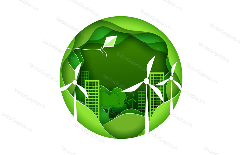Eco city concept poster in paper art origami style. Vector illustration paper cut design. Green town with wind power turbines. Round sign