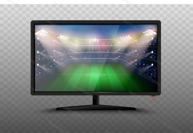 Modern smart TV set 3d vector illustration. Isolated realistic icons on transparent background. LCD Plasma screen with football stadium. Soccer world cup match. Sport news on tv