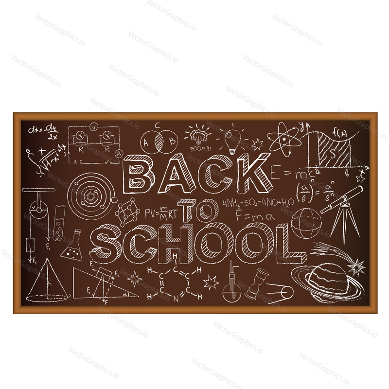 Back to school chalk board. Set of school doodles on brown background. Vector Illustration.
