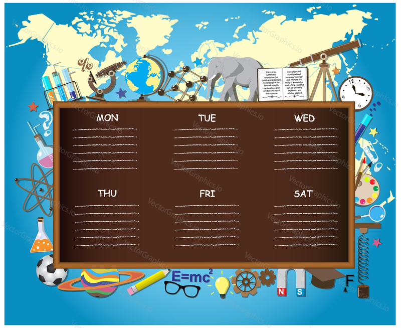 School schedule on chalkboard background with science symbols, supplies and design elements. Vector illustration.