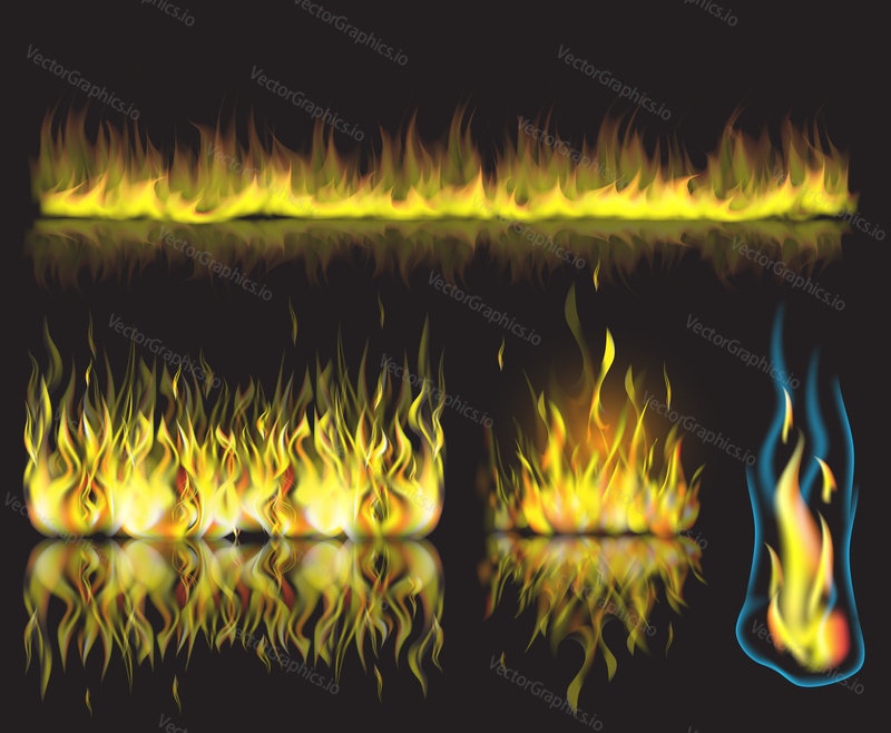 Vector illustration with set of burning fire flames on black background.