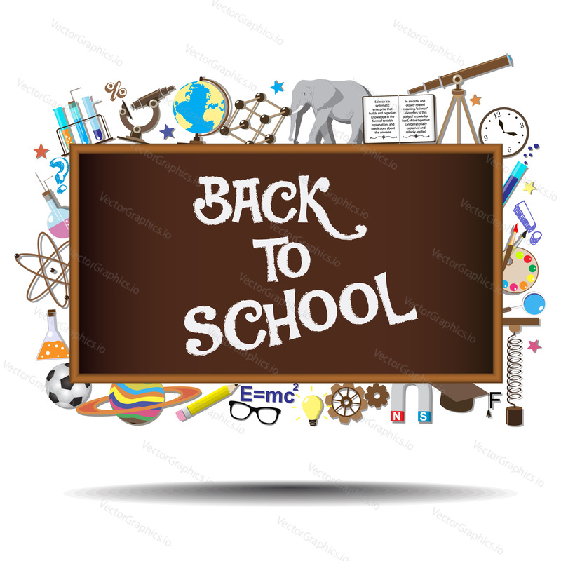 Back to School chalkboard with science symbols and design elements on background. Vector illustration.