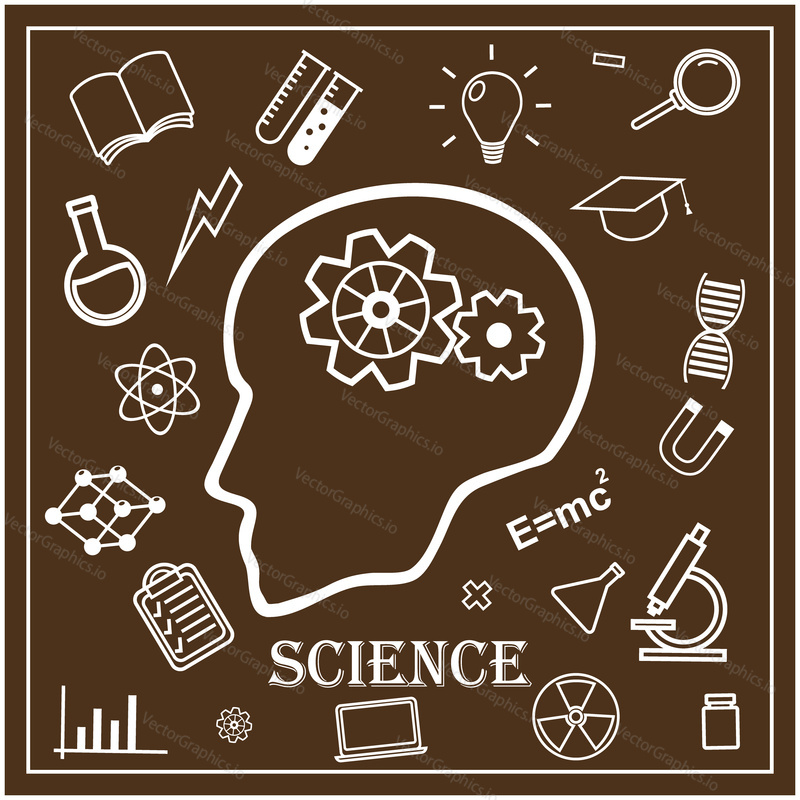 Human head and icons of science. The concept of scientific discoveries. Education and learning process. Vector illustration in linear style
