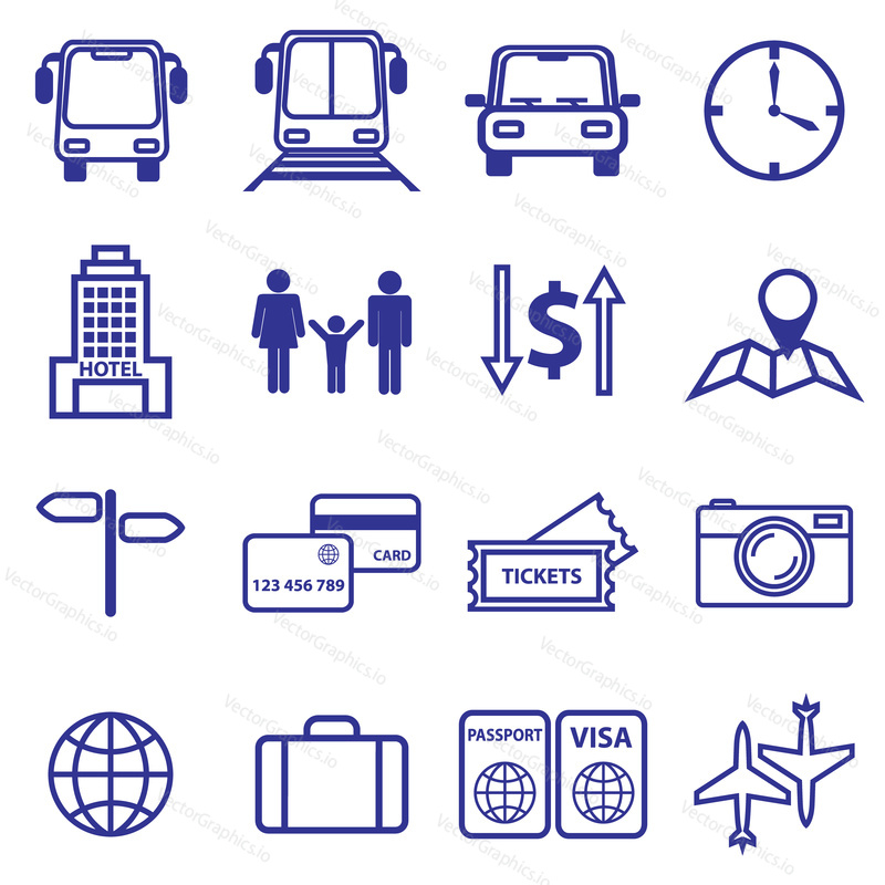 Набор значков линий путешествий и отпусков. Векторная иллюстрация праздничных символов и объектов в плоском стиле.