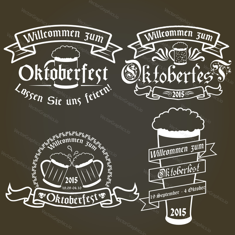 Vector set of oktoberfest labels, design elements, emblems and badges. Isolated logo illustration in vintage style. German language