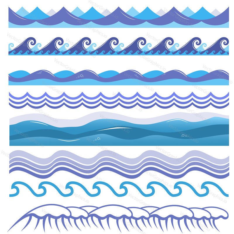 Vector illustration of ocean and sea waves, surfs and splashes. Seamless isolated design elements on white background. Blue marine patterns.