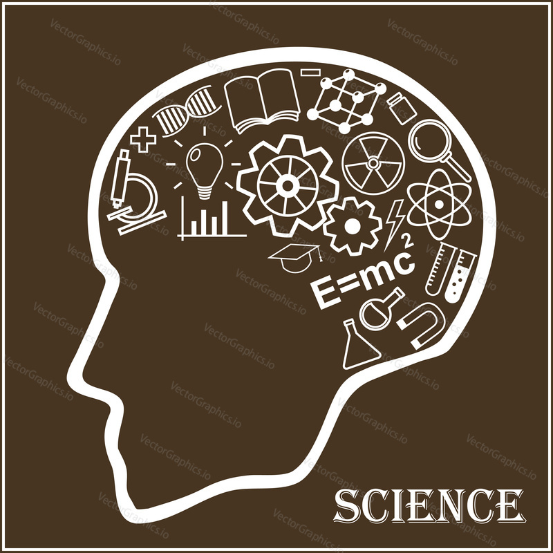 Human head and icons of science. The concept of scientific discoveries. Education and learning process. Vector illustration in linear style