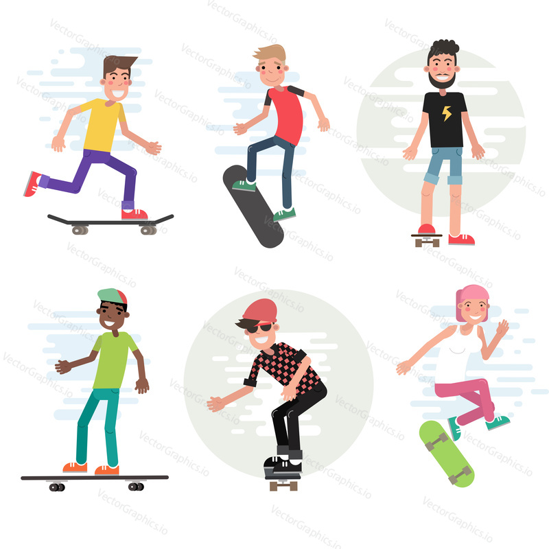 Modern urban teenage boys and girls on skateboard vector illustration. Set of isolated cartoon characters. City skaters have fun and do stunt and tricks. Skate extreme sport.