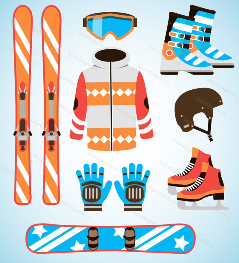 Vector set of Ski and Snowboard equipment icons. Winter sports equipment isolated elements set in flat design style