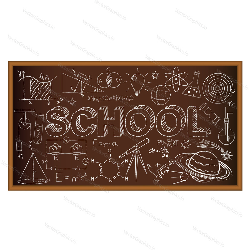 School chalk board. Set of school doodles on brown background. Vector Illustration.