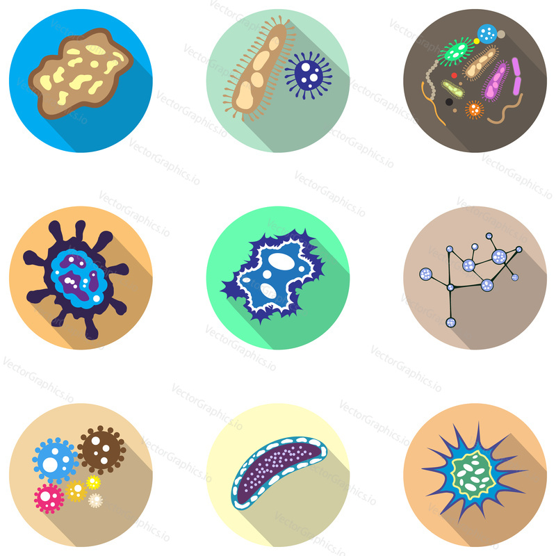 Набор значков бактерий, микроорганизмов и вирусных клеток. Векторная иллюстрация в плоском стиле.