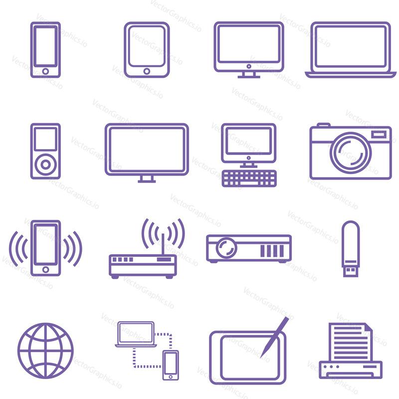 Gadgets and technology icons set, linear style. Vector illustration in simple line design