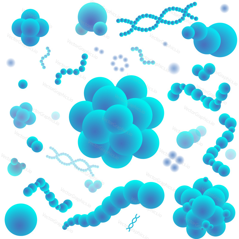Blue virus cells, bacteria, molecules and DNA on white background. Isolated vector illustration.