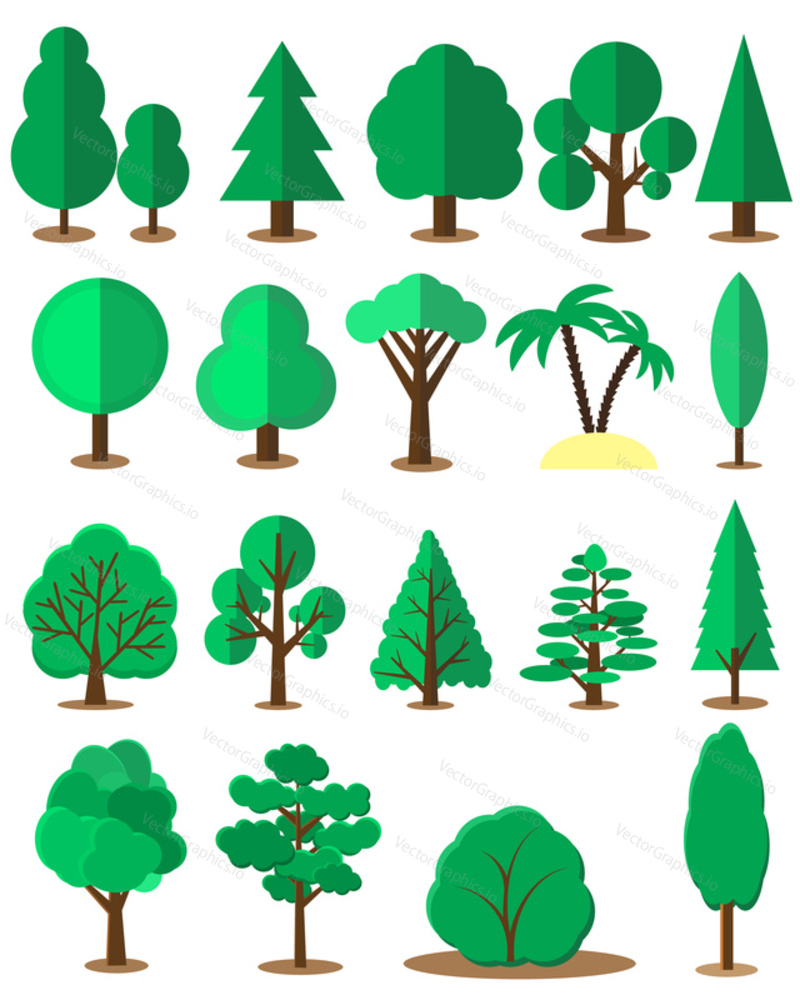 Flat tree set isolated on white background. Vector collection of design elements for games, cartoons, illustrations.