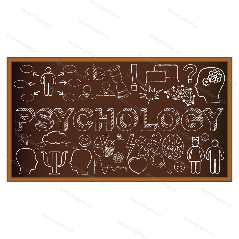 Chalk board doodle with symbols on psychology. Vector illustration. Set of education and learning doodles.