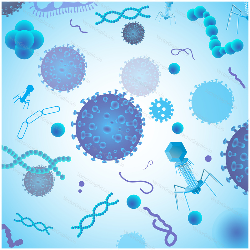 Blue virus cells, bacteria and DNA with background. Corona virus concept vector illustration.