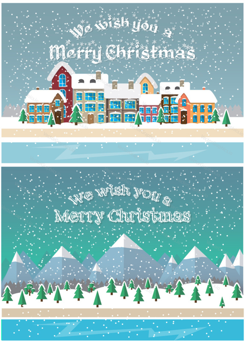 Christmas holiday season. Small town in snowfall. City and mountain landscape background. Vector illustration in flat style design. Cards and banners for Christmas celebration
