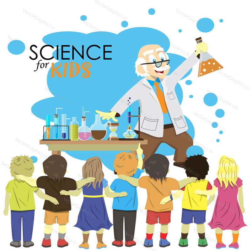 Science for kids. Cartoon scientist shows to kids chemistry experiment in laboratory. Vector Illustration.