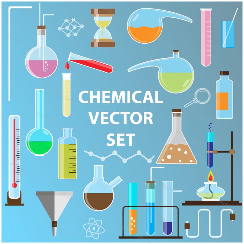 Set of laboratory flasks. Chemistry objects in flat design. Vector illustration.