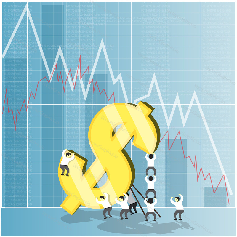 Concept for economy stock and currency market crash down. Financial background. Dollar falling and economic crisis. Vector illustration