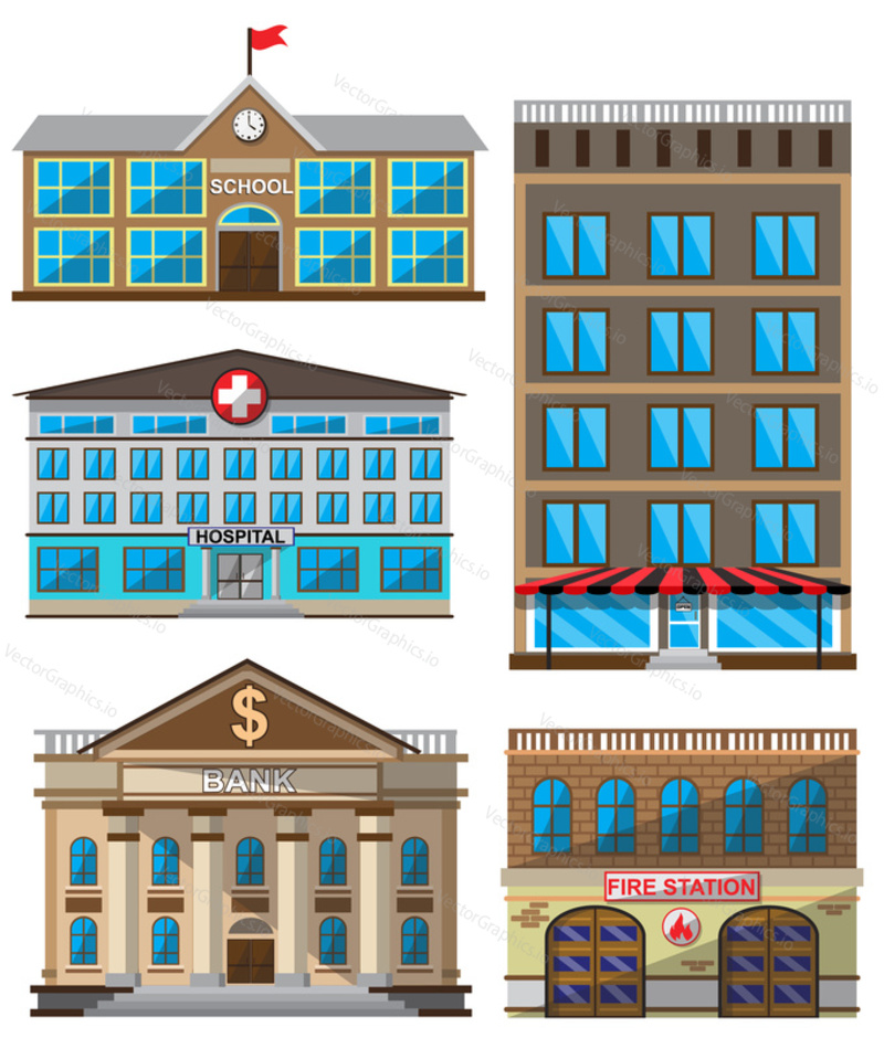 Vector set of flat buildings decorative icons. Design elements isolated on white background. School, hotel, hospital, fire station, bank. Template for game, web and mobile applications