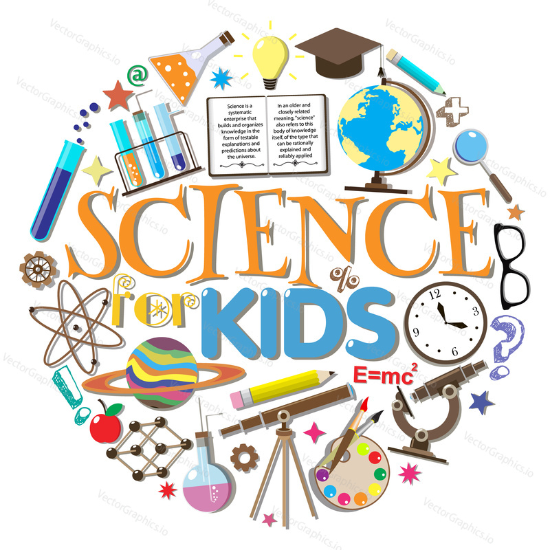 Science for kids. School symbols and design elements isolated on white background. Vector illustration.