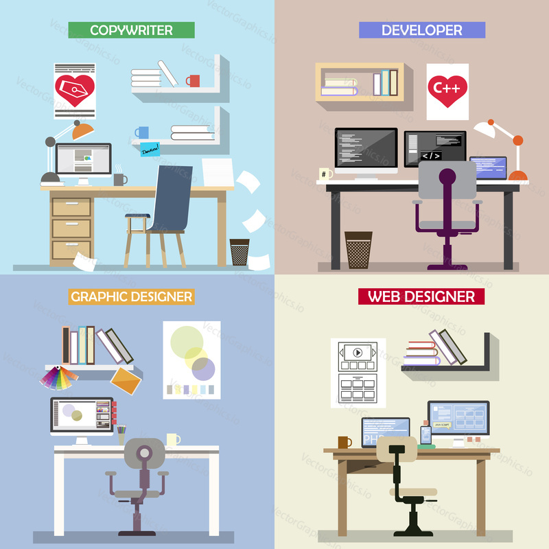 Vector design concept for working places. Set of office desks and spaces, programmer and developer, copywriter, designer. Office interior and icons in flat style.